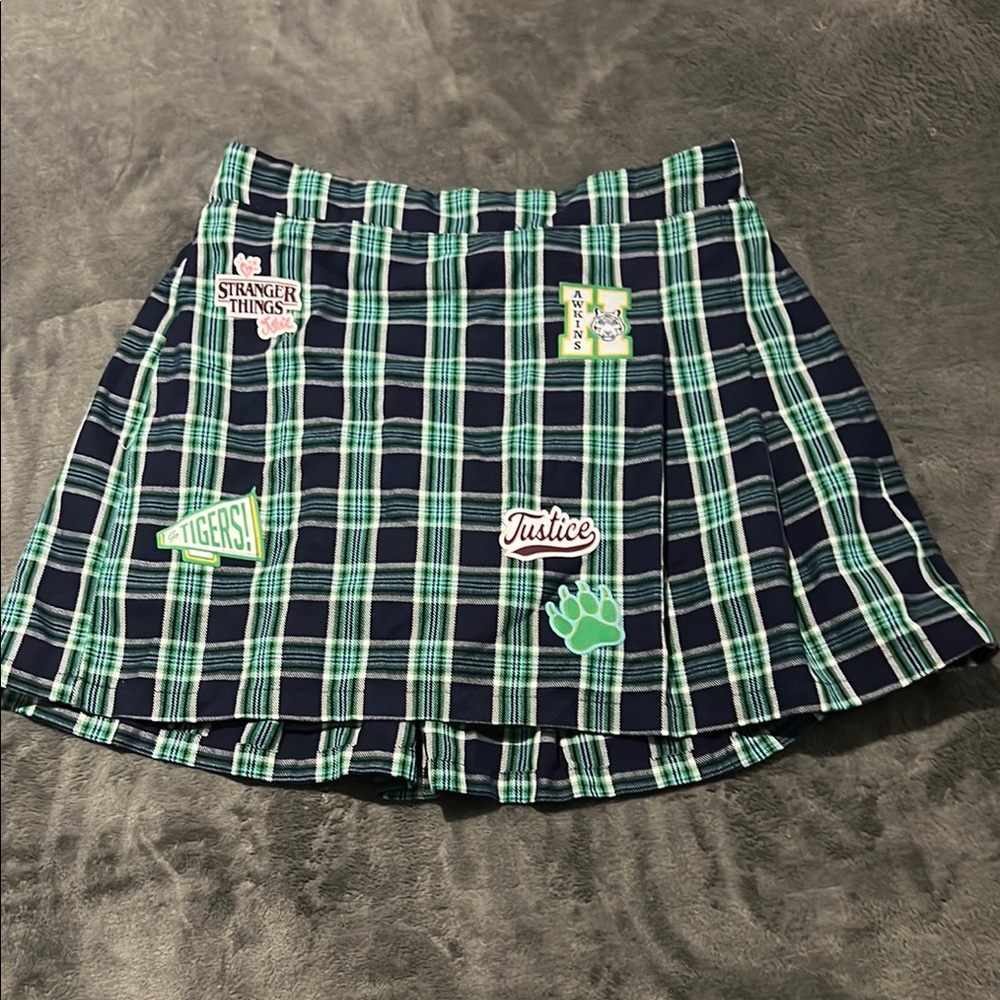 Justice Green and Blue Plaid Skater Skirt with Patches